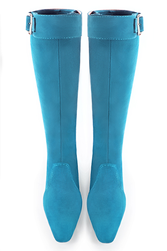 Turquoise blue women's feminine knee-high boots. Square toe. Medium block heels. Made to measure. Top view - Florence KOOIJMAN